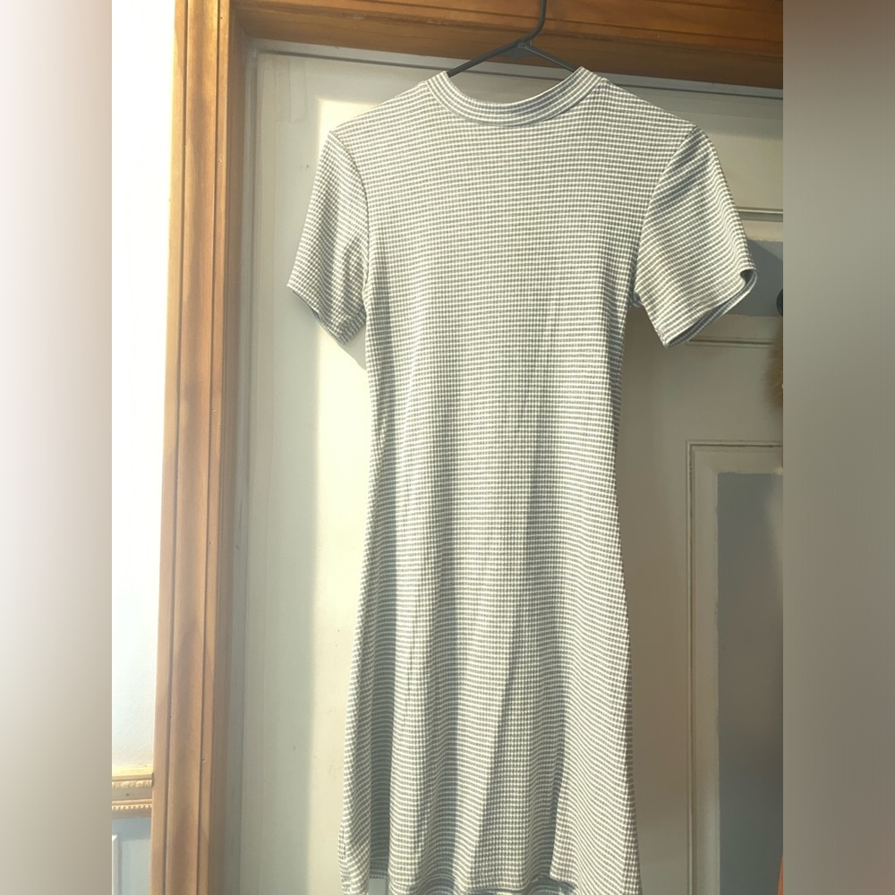 Striped gray high neck turtleneck dress